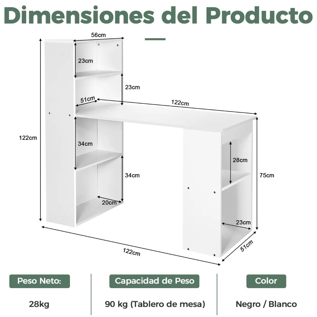 Secretária de computador com Estante de arrumação Secretária reversível para escritório de estudo Quarto de dormir 122 x 51 x 122 cm Branco