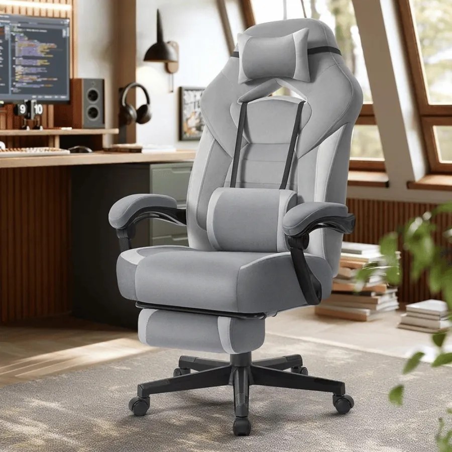 Cadeira gamer com apoio para os pés e almofada ajustável Cinza ardósia