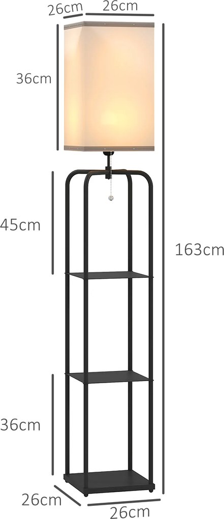 Candeeiro de pé com prateleiras, abajur em tecido, interruptor com corrente para sala de estar e quarto