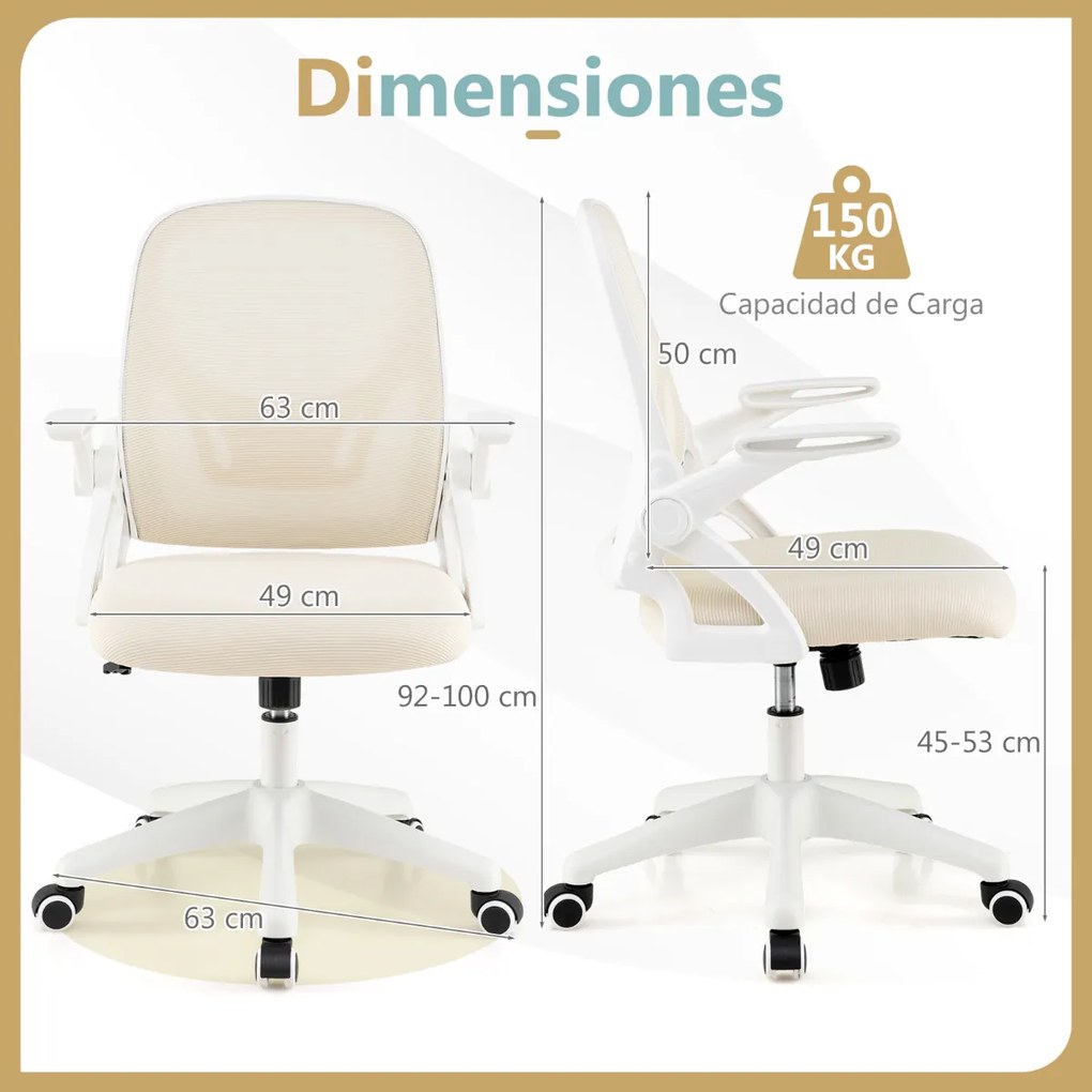 Cadeira de escritório ergonómica com apoio lombar integrado, apoios de braços rebatíveis, rodas universais, altura ajustável, bege
