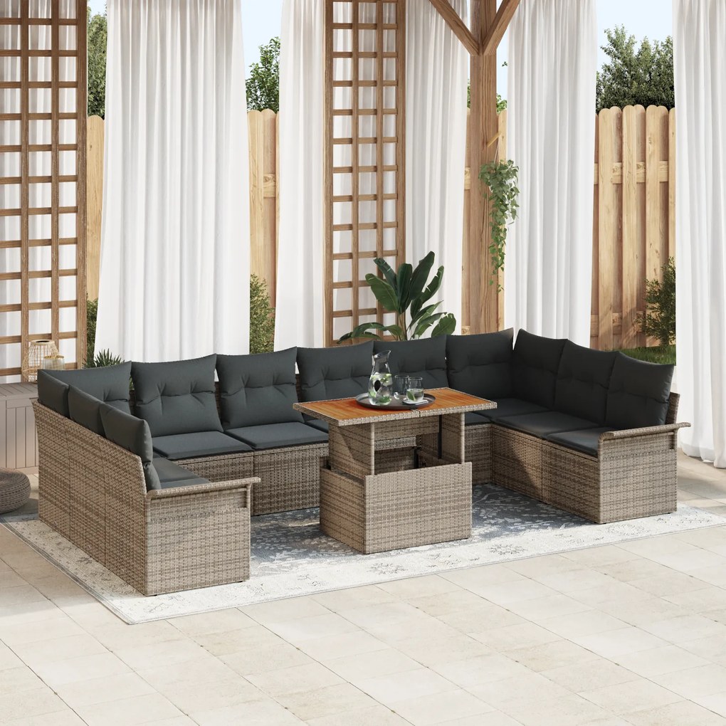 Conjunto de Sofá de Jardim vidaXL 11 Peças com Almofadas Cinza Polirra