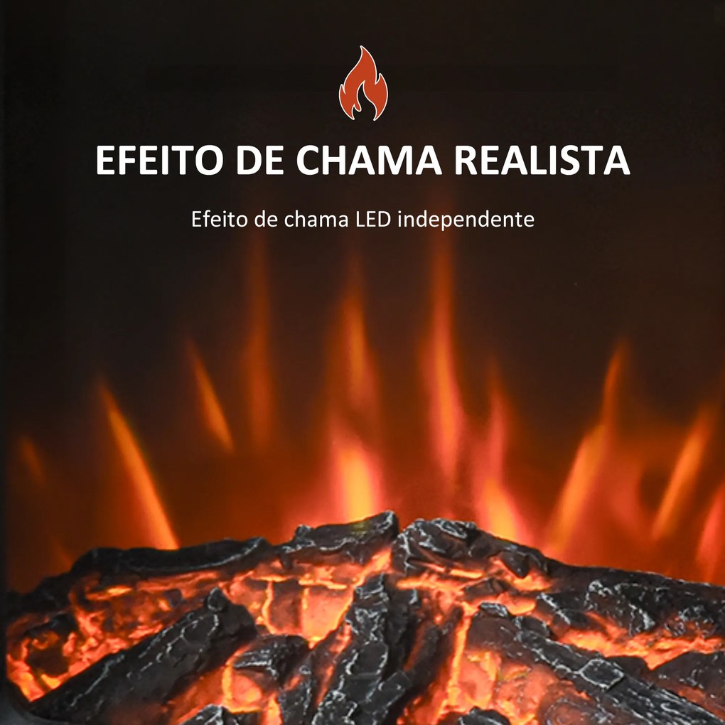 HOMCOM Lareira Elétrica Potência de 2 Níveis 1000W ou 2000W com Efeito de Chama Termostato e Proteção contra Superaquecimento até 25m² 44,5x32,1x74cm Preto