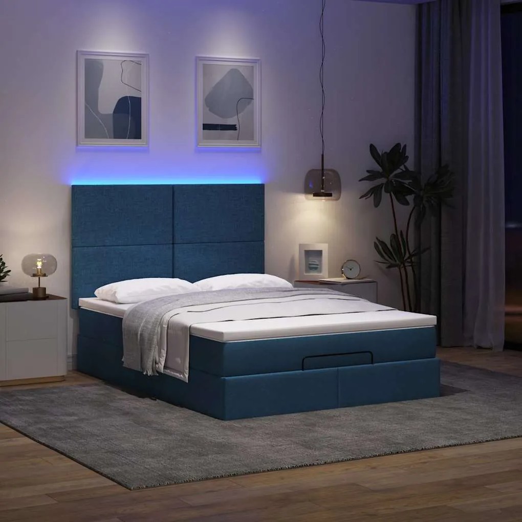 Estrutura de cama otomana com colchão tecido azul 140x200cm