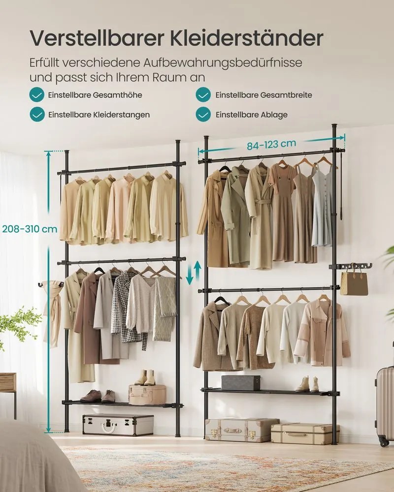 Guarda Roupa aberto até ao teto 33,5 x (84-123) x (208-310) cm com prateleira em preto mate