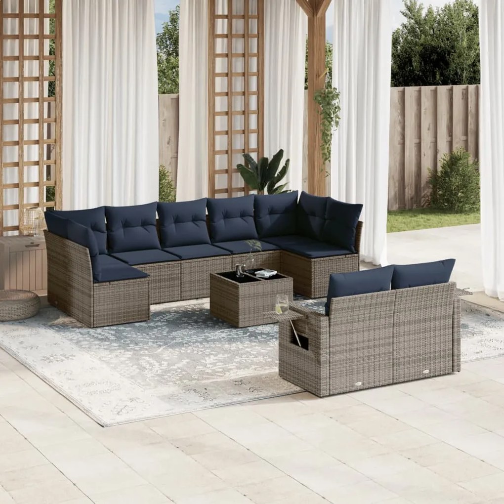 vidaXL 10 pcs conjunto sofás p/ jardim c/ almofadões vime PE cinzento