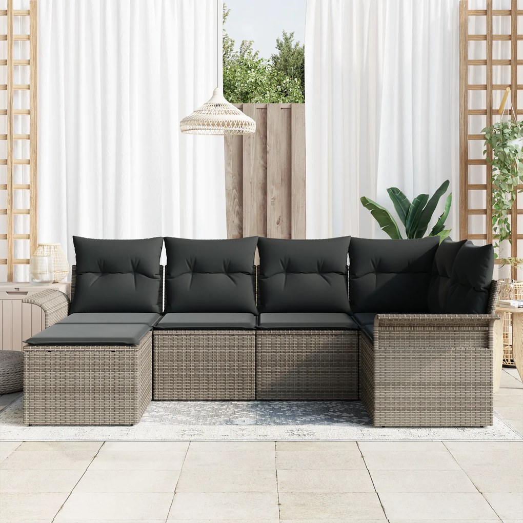 Conjunto de Sofás de Jardim 6 Peças com Almofadas Cinza Rattan Poly