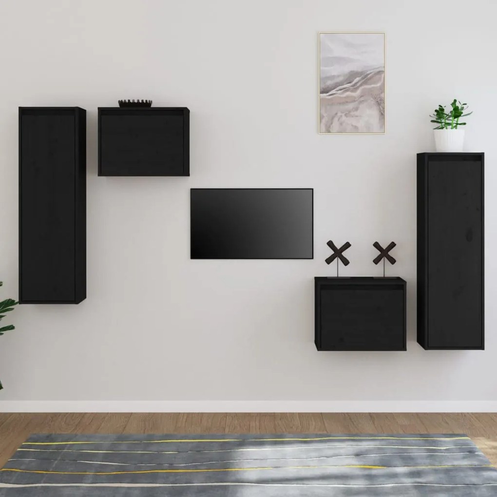 vidaXL Móveis de TV 4 pcs madeira de pinho maciça preto