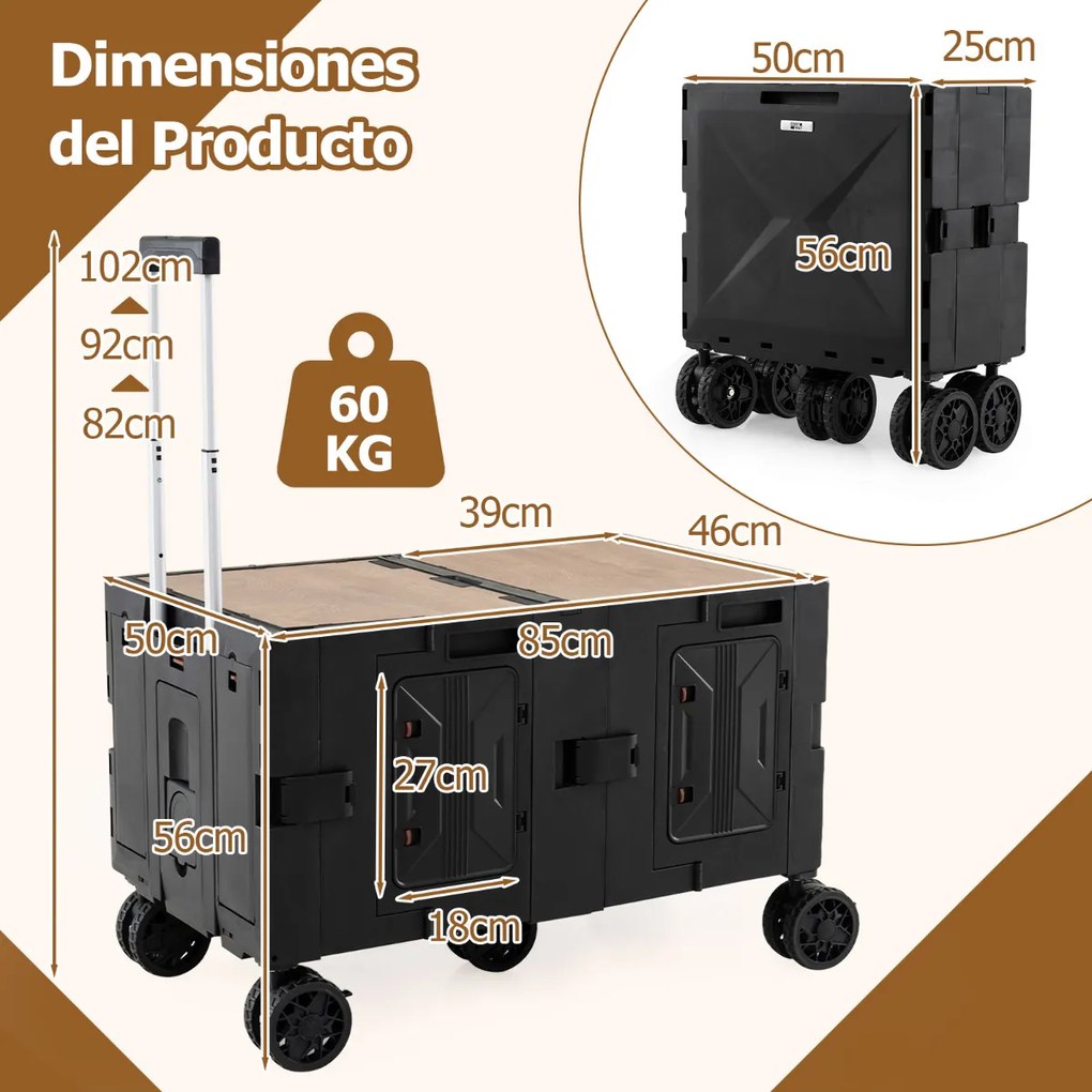 Carrinho utilitário grande com caixas de armazenamento de 2 níveis, 5 rodas, carrinho portátil dobrável para compras, campismo, Preto