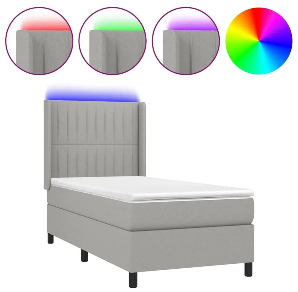 Cama box spring c/ colchão e LED 90x200 cm tecido cinza-claro