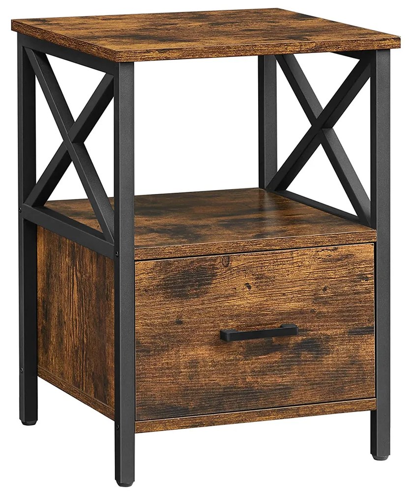 Mesa de cabeceira com prateleira aberta e gaveta | VASAGLE | 40 x 40 x 55 cm | castanho rústico e preto | LET508B01.