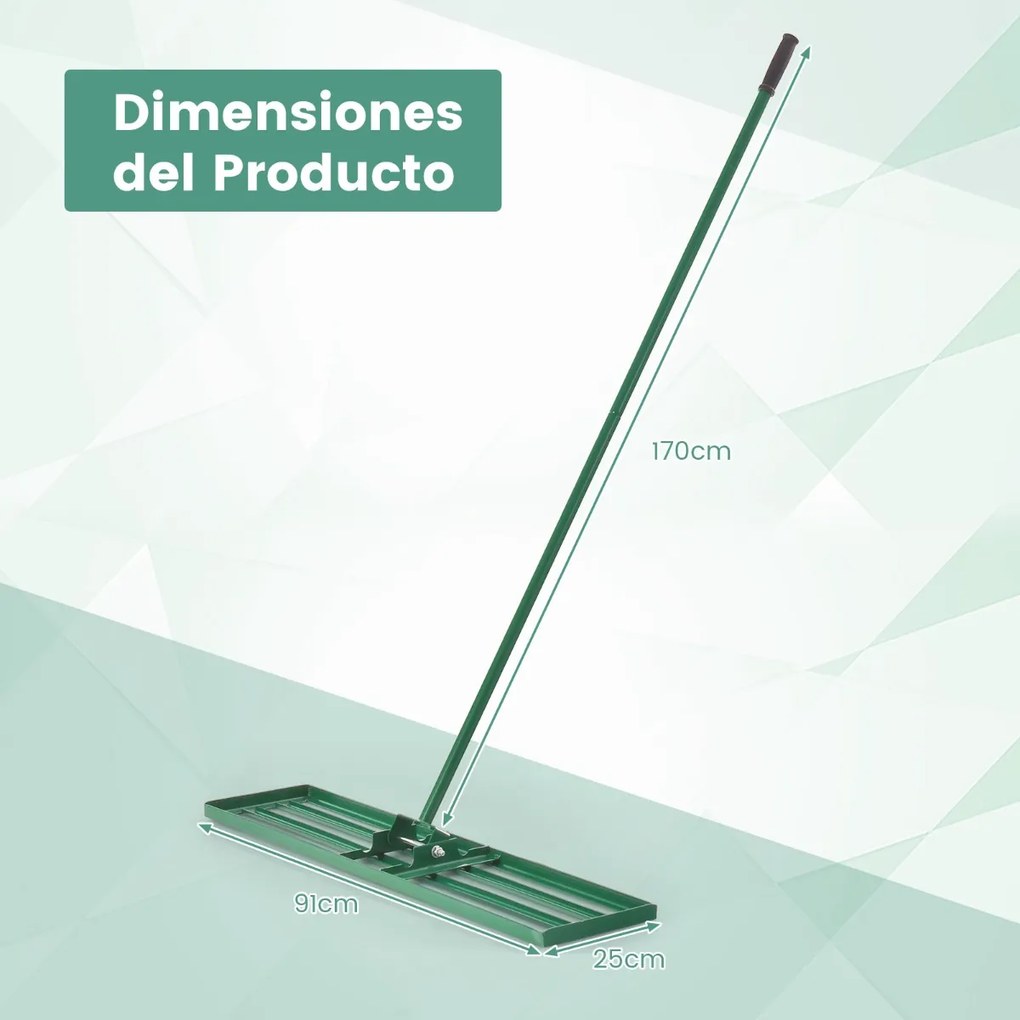 Ancinho de nivelamento de relva resistente com pega ergonómica para jardim, pátio, terrenos agrícolas 106 x 25 cm Verde
