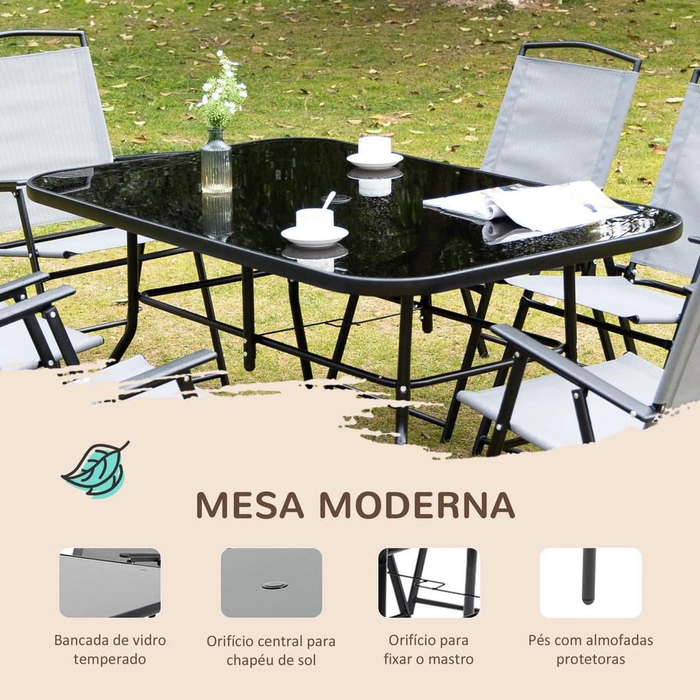 Outsunny Conjunto de Móveis de Jardim 8 Peças com 6 Cadeiras Dobráveis Mesa com Bancada de Vidro e Chapéu de Sol Inclinável Proteção Solar para Terraço Exterior Cinza