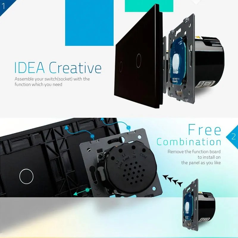 Frente interruptor tátil 2 módulos + 4 botões, Painel preto vidro temperado