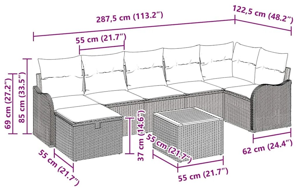 Conjunto de Sofás de Jardim vidaXL 8 Peças com Almofadas Bege Rattan P