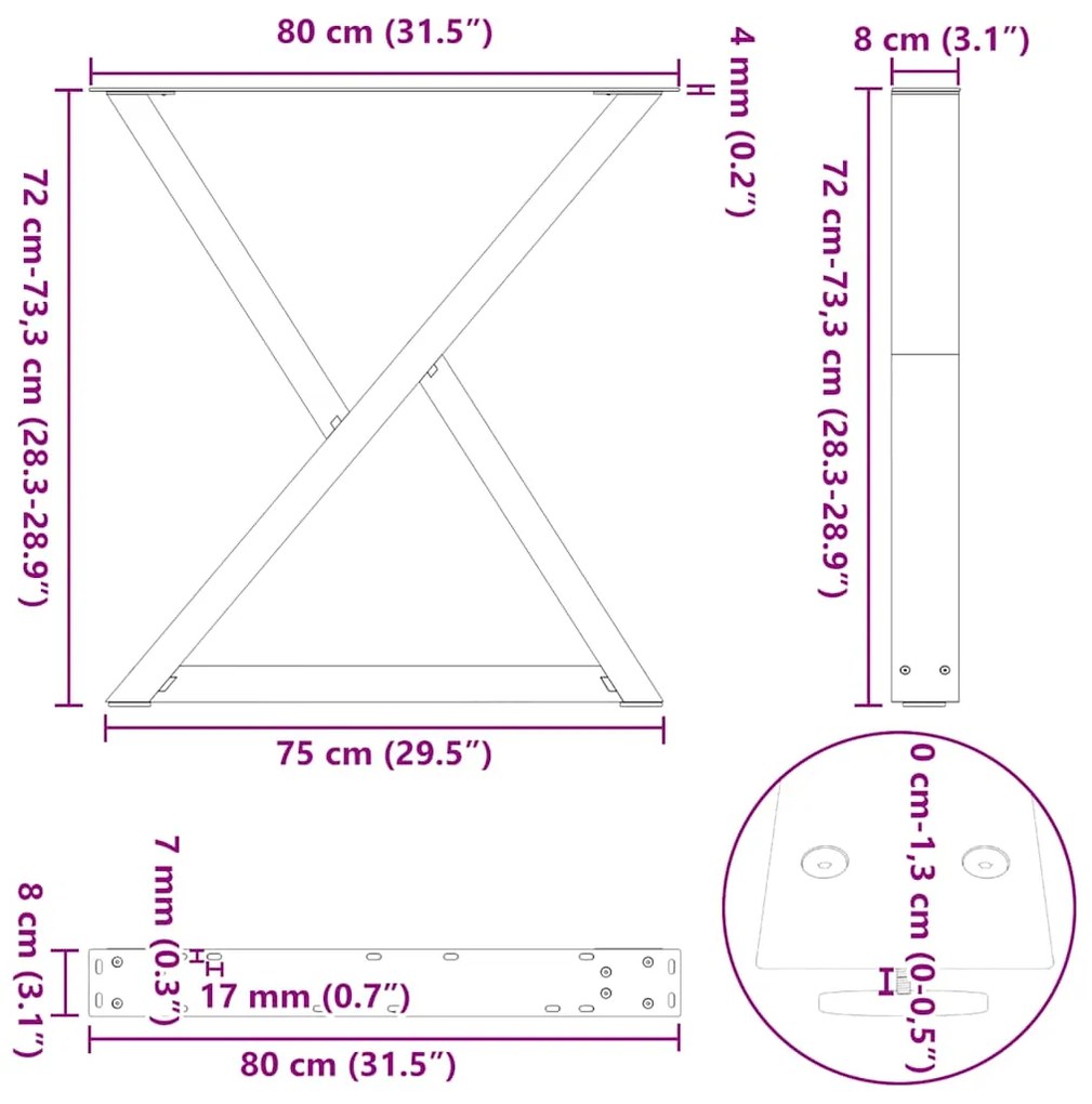 Mesa de jantar pernas 2 pcs 80x(72-73,3) cm aço natural