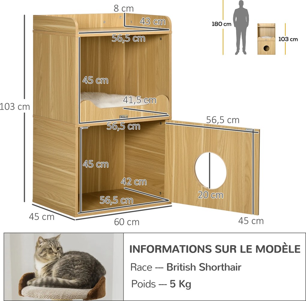Casa de higiene para gatos com 3 níveis, compartimento fechado por uma porta,1 almofada, 60 x 45 x 103 cm