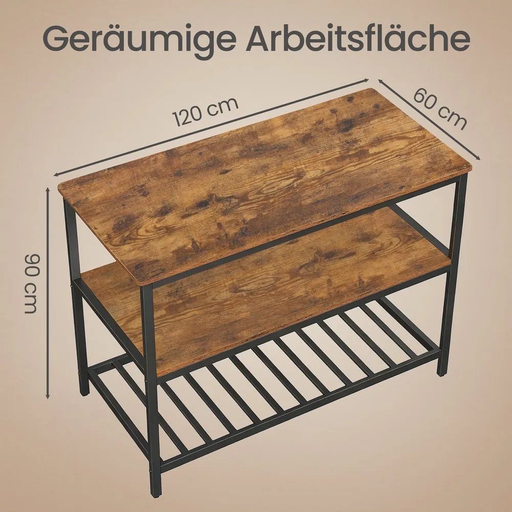 Armário de cozinha com grande bancada 60 x 120 x 90 cm, prateleira para micro-ondas com 3 níveis, estrutura em aço castanho-preto