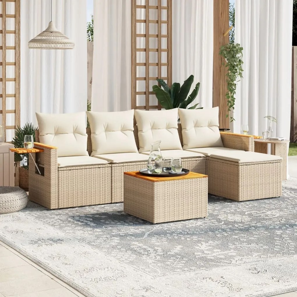 vidaXL 6 pcs conjunto de sofás p/ jardim com almofadões vime PE bege