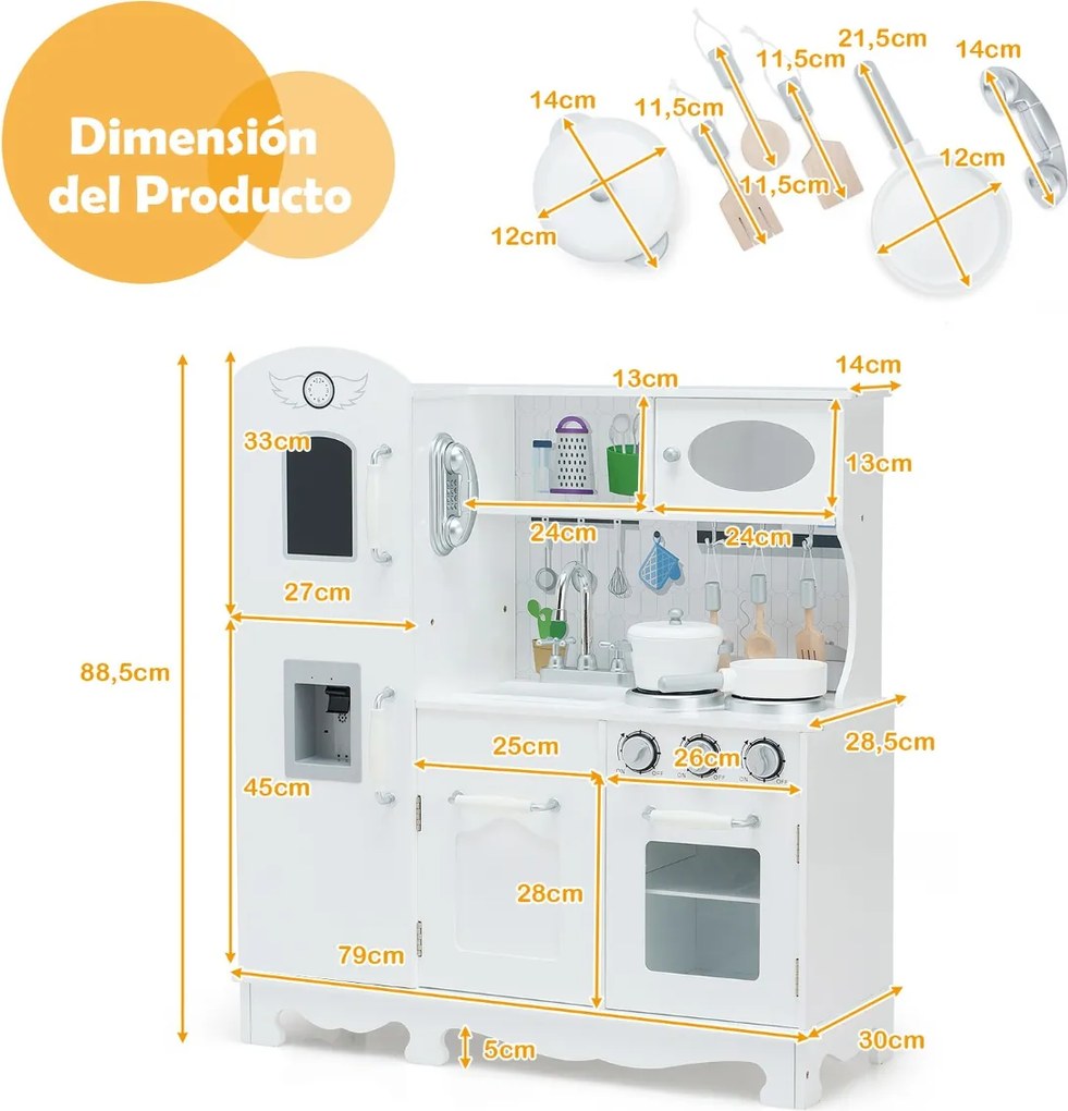 Cozinha de brincar para crianças em madeira com acessórios Telefone, lava-loiça, forno, frigorífico, refrigerador, dispensador de água, luz e som Bran