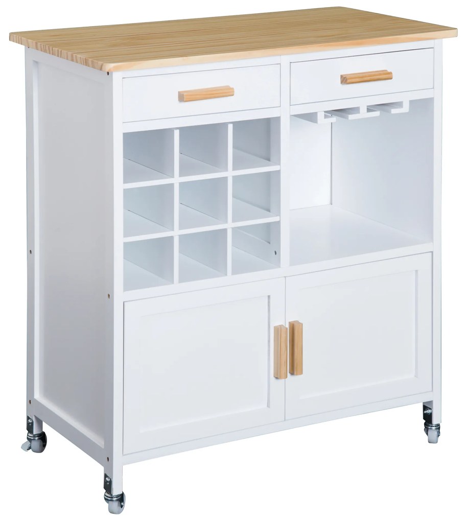 HOMCOM Carrinho de Cozinha Auxiliar com Rodas Carrinho de Cozinha com 2 Gavetas Suporte para 9 Garrafas Suporte para Taças Prateleira Aberta e Armário 76x40x88cm Branco