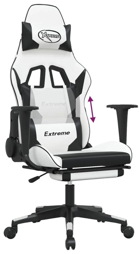 Cadeira gaming c/ apoio p/ pés couro artificial preto e branco