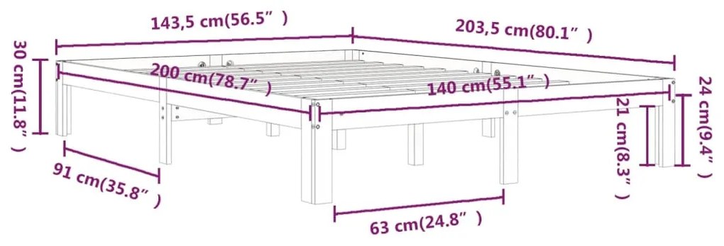 Estrutura de cama 140x200 cm pinho maciço