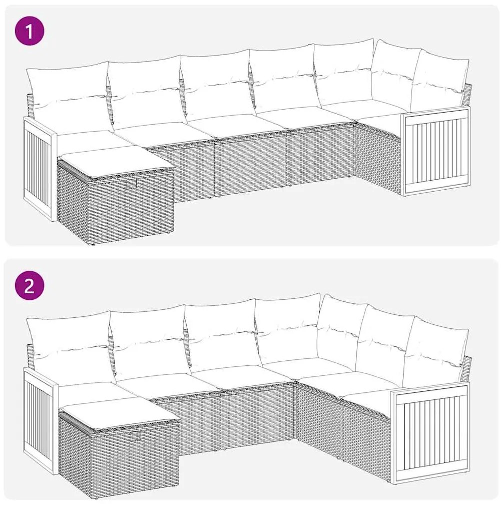 7 pcs conjunto sofás p/ jardim c/ almofadões vime PE cinzento