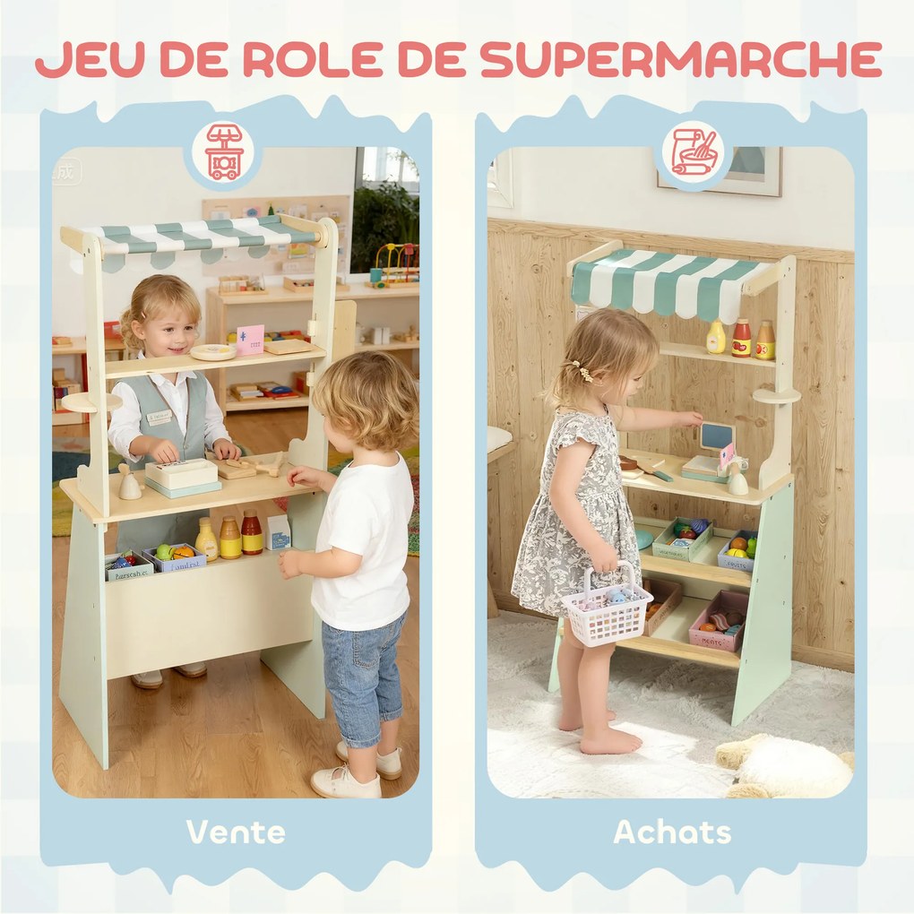 Conjunto de 34 Peças de Supermercado Infantil, 40 x 30 x 92,5 cm, Loja de Madeira, Verde