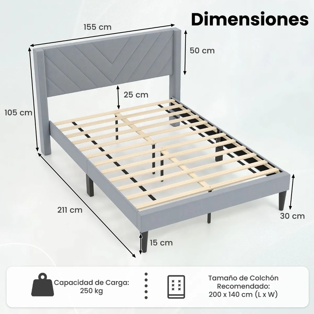 Estrutura de cama de casal 211 x 155 x 105 cm com estrado ripas de madeira (COLCHÃO NÃO INCLUIDO), cabeceira e 4 pés centrais em madeira de borracha