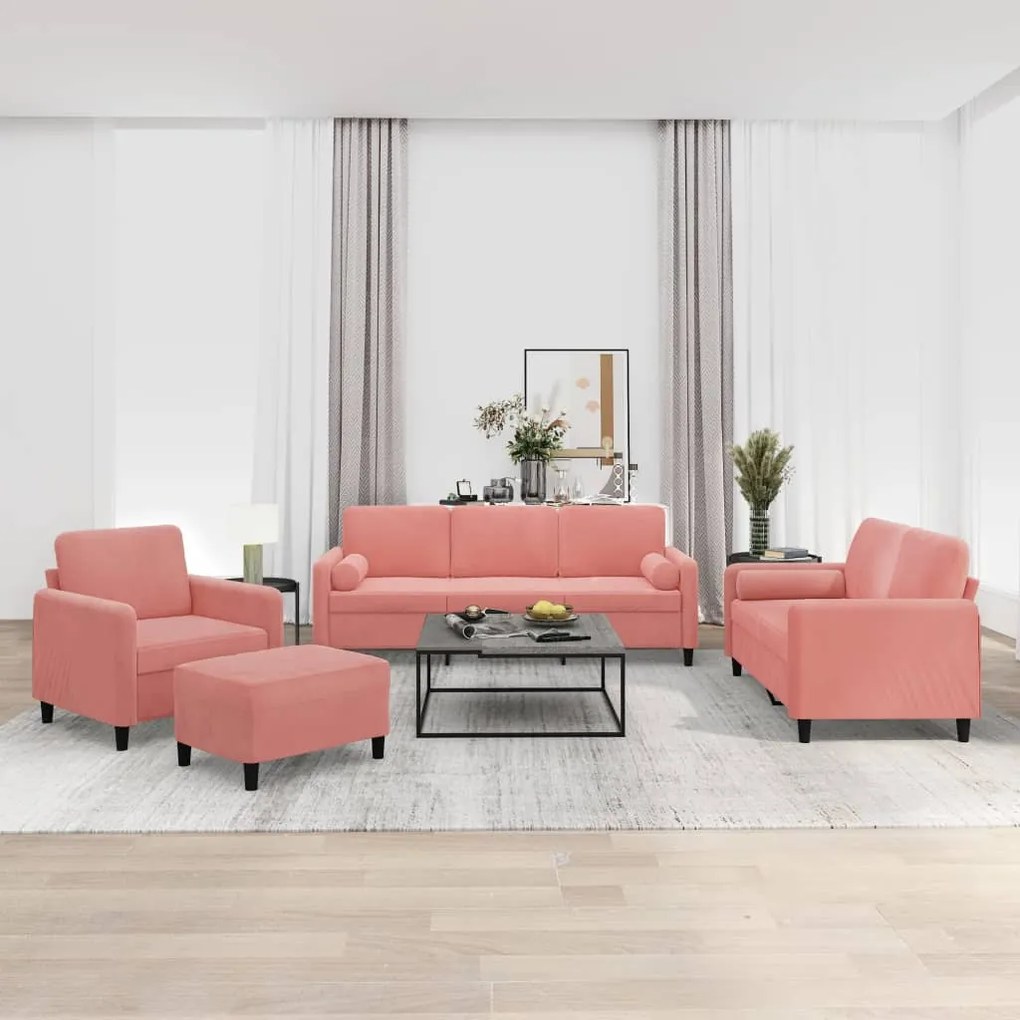 vidaXL 4 pcs conjunto sofás c/ almofadas/almofadões veludo rosa