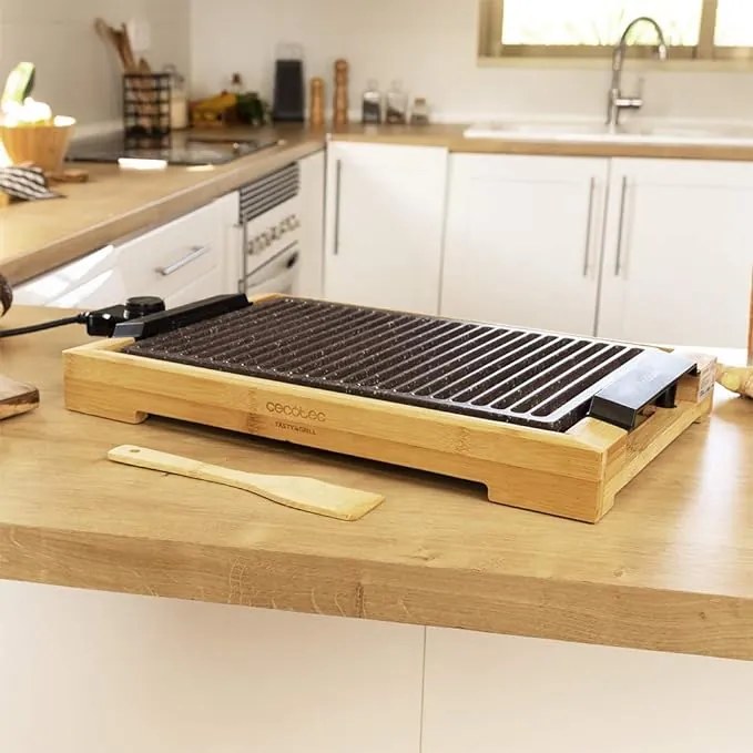 Grelhador elétrico cozinha com Potência 2000 W, Estrutura de bambu, Tasty&Grill 2000 Bamboo LineStone. Termóstato ajustável, Superfície Grill, Revesti
