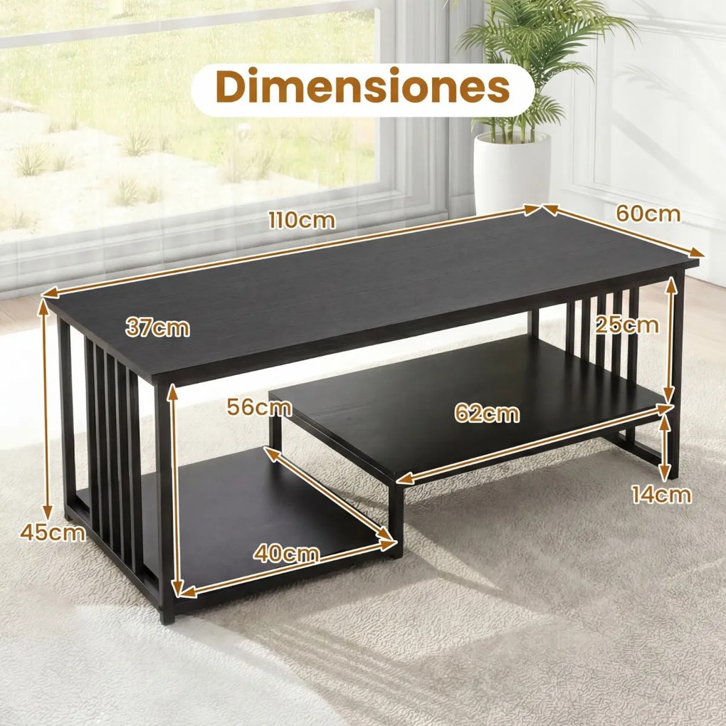 Mesa de centro retangular 110 x 60 x 45 cm com 2 prateleiras de arrumação, Estrutura metálica resistente, mesa moderna para sala de estar Preta