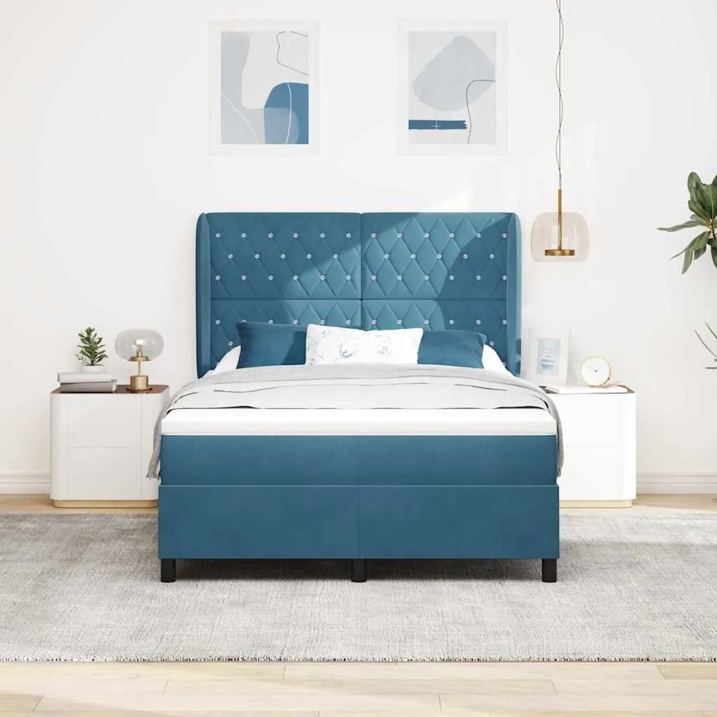 Cama Box Spring vidaXL com Colchão em Azul Escuro - 140x200 cm - Veludo