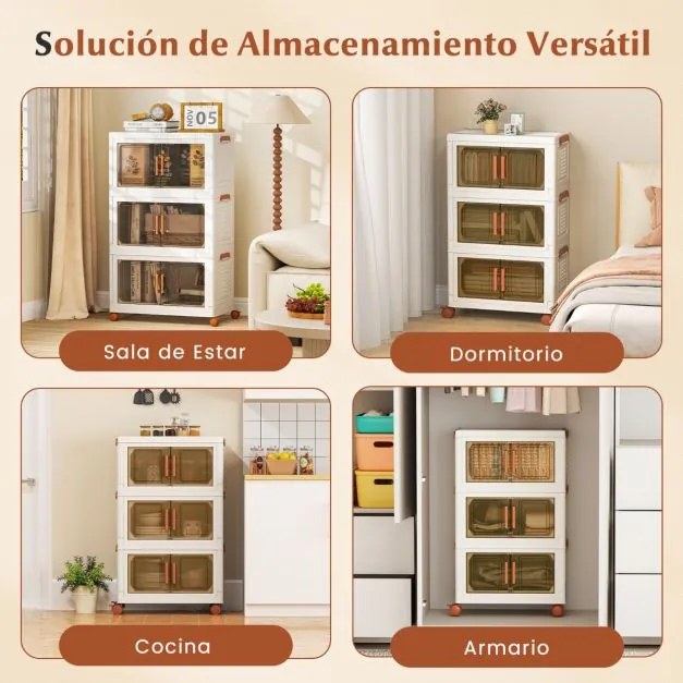 Caixas arrumação Dobráveis Pack de 3 Caixas 156 L de Armazenamento de Plástico Empilháveis com Rodas Branco e Castanho
