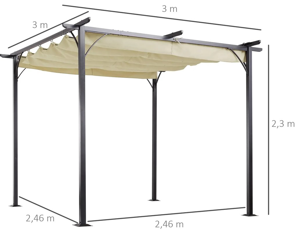 Pérgola para Jardim 3x3m com Telhado Retrátil Tecido de Poliéster Resistente à Água e UV 5 bege e preto