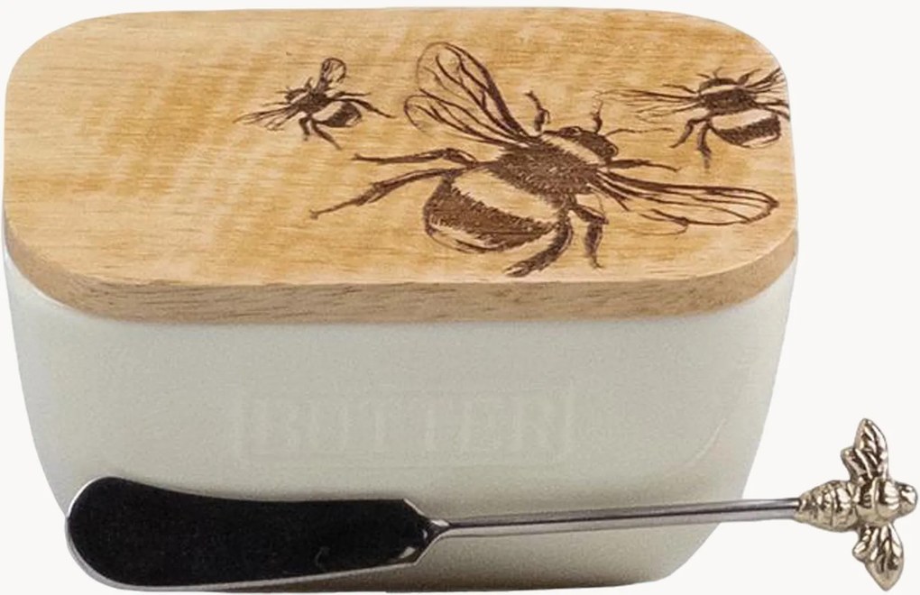 Manteigueira em cerâmica com faca para manteiga e tampa em madeira de carvalho Bee, conjunto de 2