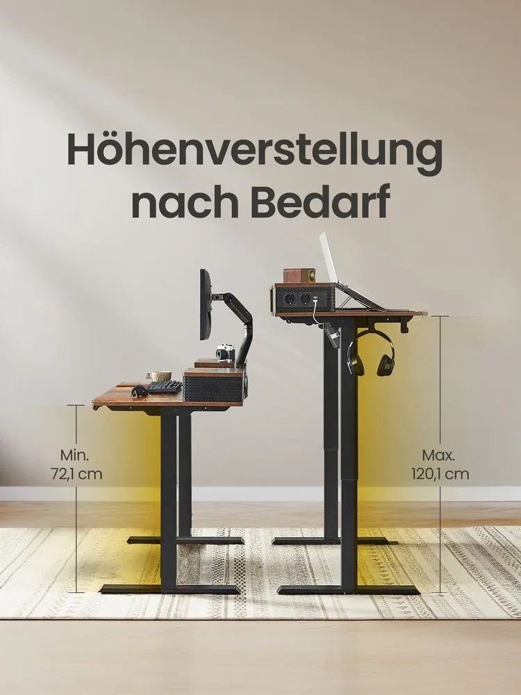 Secretária elétrica alta ajustável em altura, 120 x 60 x (72-120) cm, com suporte para monitor e estação de carregamento castanha