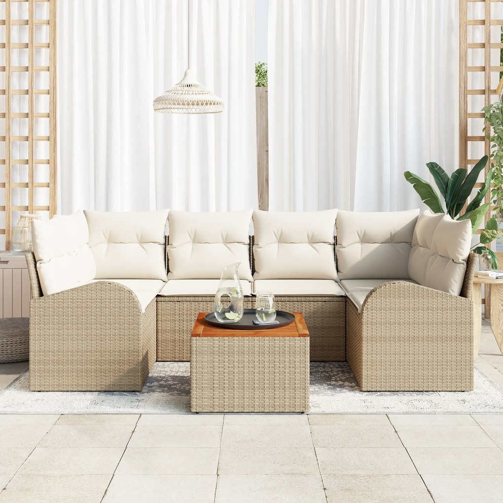 Conjunto de Sofá de Jardim de 7 peças com Almofadas Bege Rattan Poliés