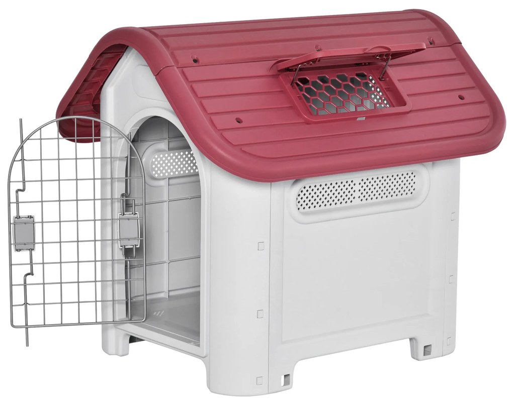 PawHut Casota para Cães com Porta Removível Base Elevada 3 Respiradouros e Janela Casota de Cães para Interior e Exterior 59x75x66cm Cinza e Vermelho