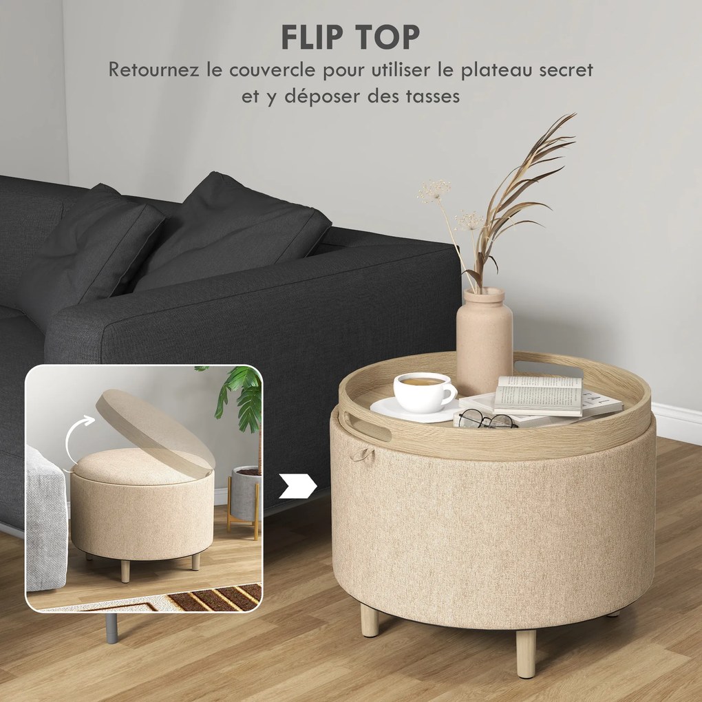 Pufe redondo, apoio para os pés 56 L x 56 P x 42 A cm e banco com compartimento de arrumação, tabuleiro reversível, móvel 3 em 1 com pernas em madeira