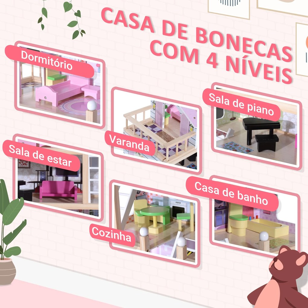 HOMCOM Casa de Bonecas com Móveis e 4 Andares Casa de Bonecas com 13 A