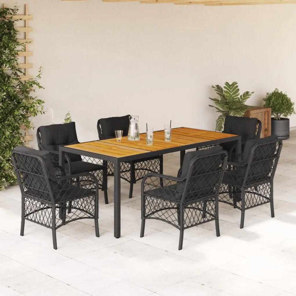 7 pcs conjunto de jantar p/ jardim c/ almofadões vime PE preto