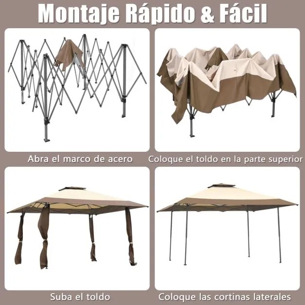 Pérgola 3 x 3 M Pop Up com Telhado de 2 Níveis 2 Tecido Oxford 3 Alturas Ajustáveis para jardim Castanho e Bege