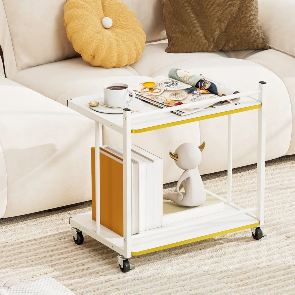 Carrinho de arrumação 49 x 35 x 51 cm móvel de 2 níveis com prateleiras abertas e bordas douradas para sala, quarto ou escritório - Branco