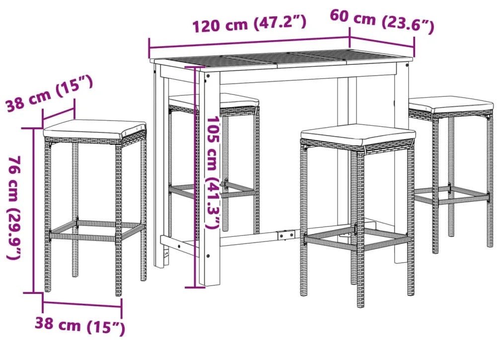 5 pcs conjunto de bar para jardim vime PE/acácia maciça preto