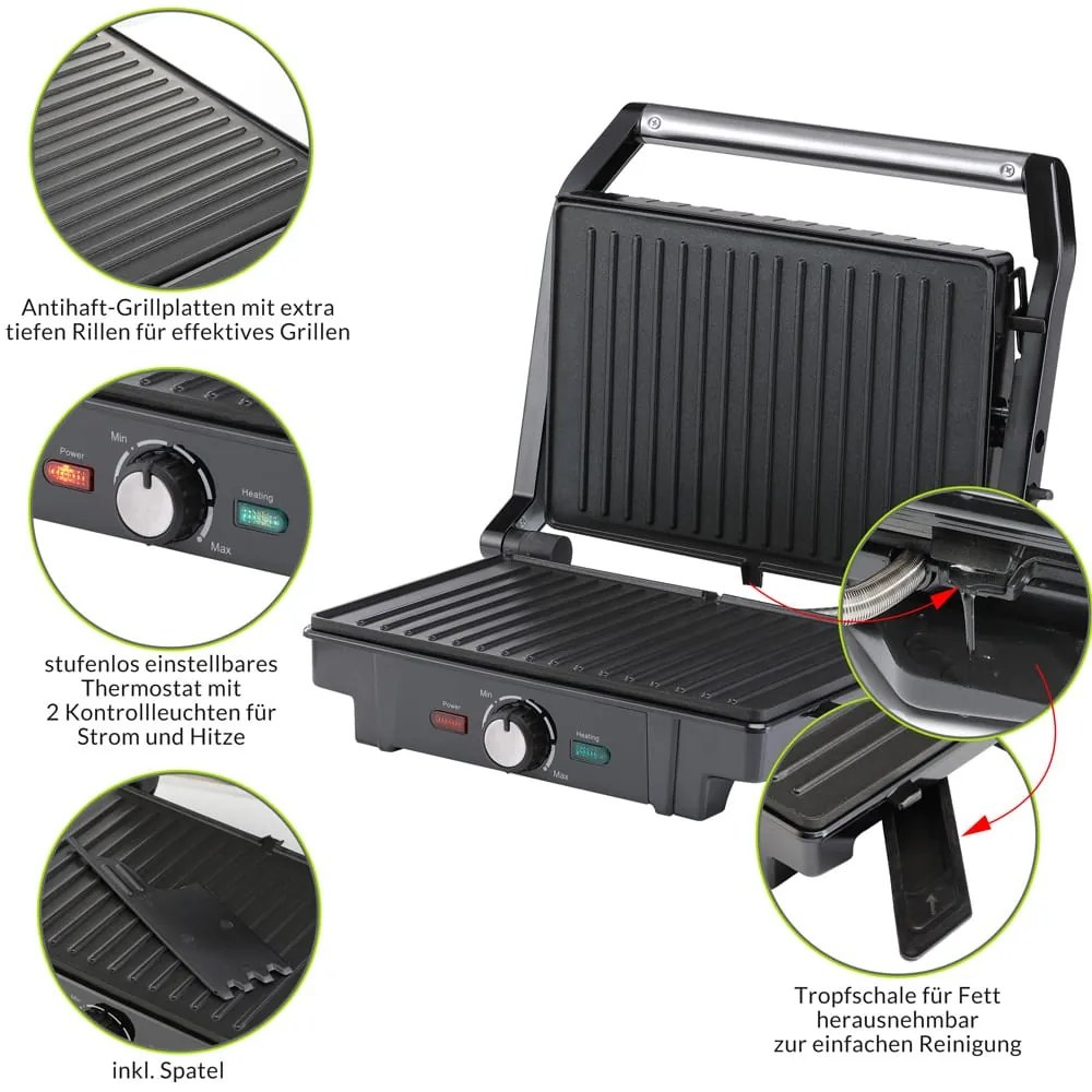 Grelhador de contacto de 1600 W, 29 x 24,5 x 11 cm Preto + Prateado