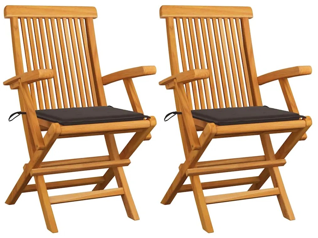 Cadeiras de jardim c/ almofadões cinza-acast. 2 pcs teca maciça