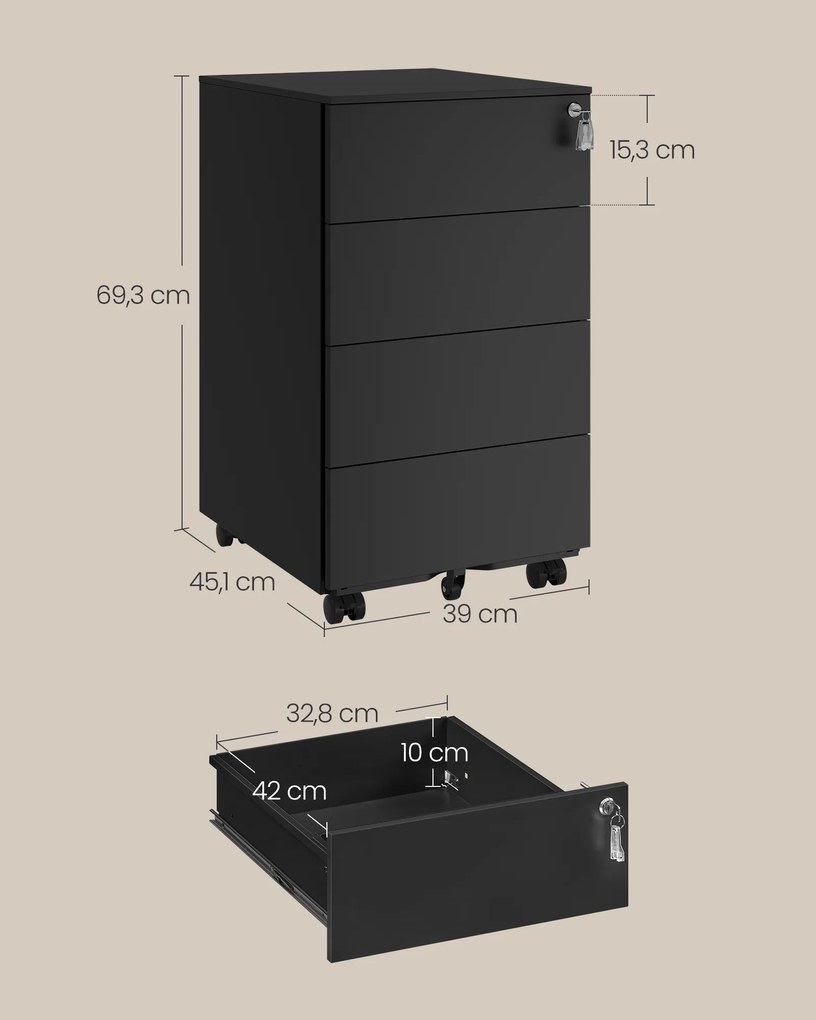 Móvel arquivo escritório com 4 gavetas e rodas 45,1 x 39 x 69,3 cm Preto