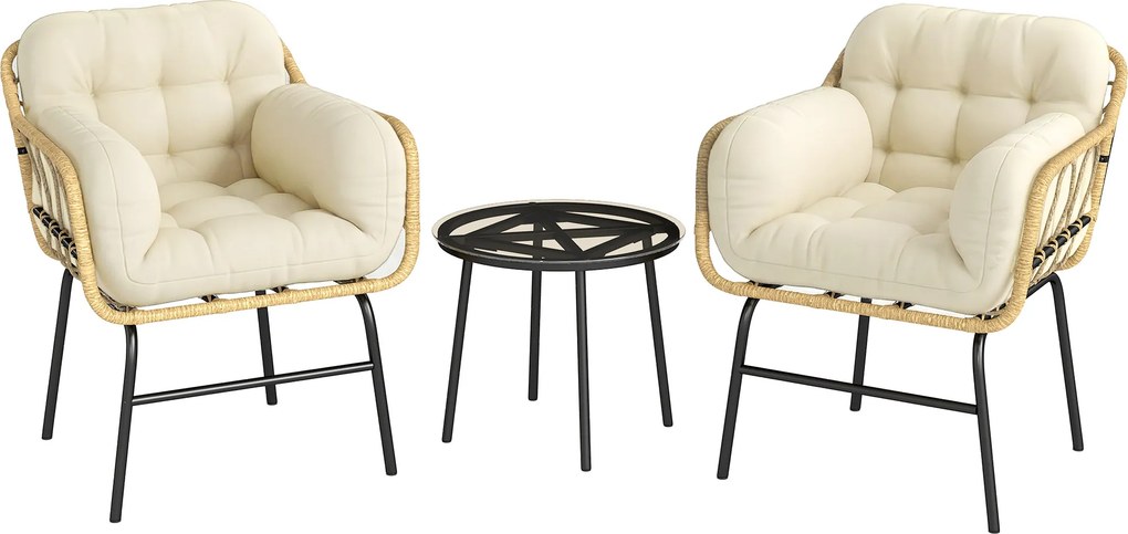 Outsunny Conjunto de Jardim 3 Peças em Vime PE com 2 Cadeiras com Almofadas e Mesa com Vidro Temperado Caqui | Aosom Portugal