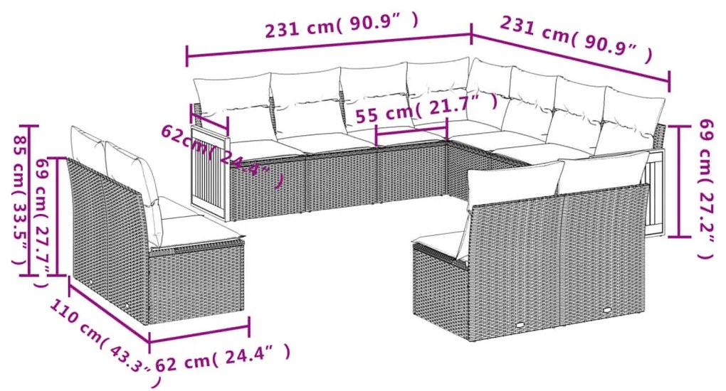 11 pcs conjunto sofás de jardim c/ almofadões vime PE bege